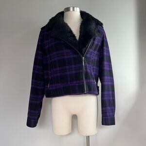 Y2k aeropostale purple and black plaid jacket with removable faux fur collar